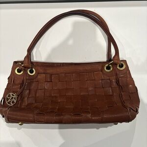 Woven Leather Shoulder Bag in Chestnut Brown with Gold Accents